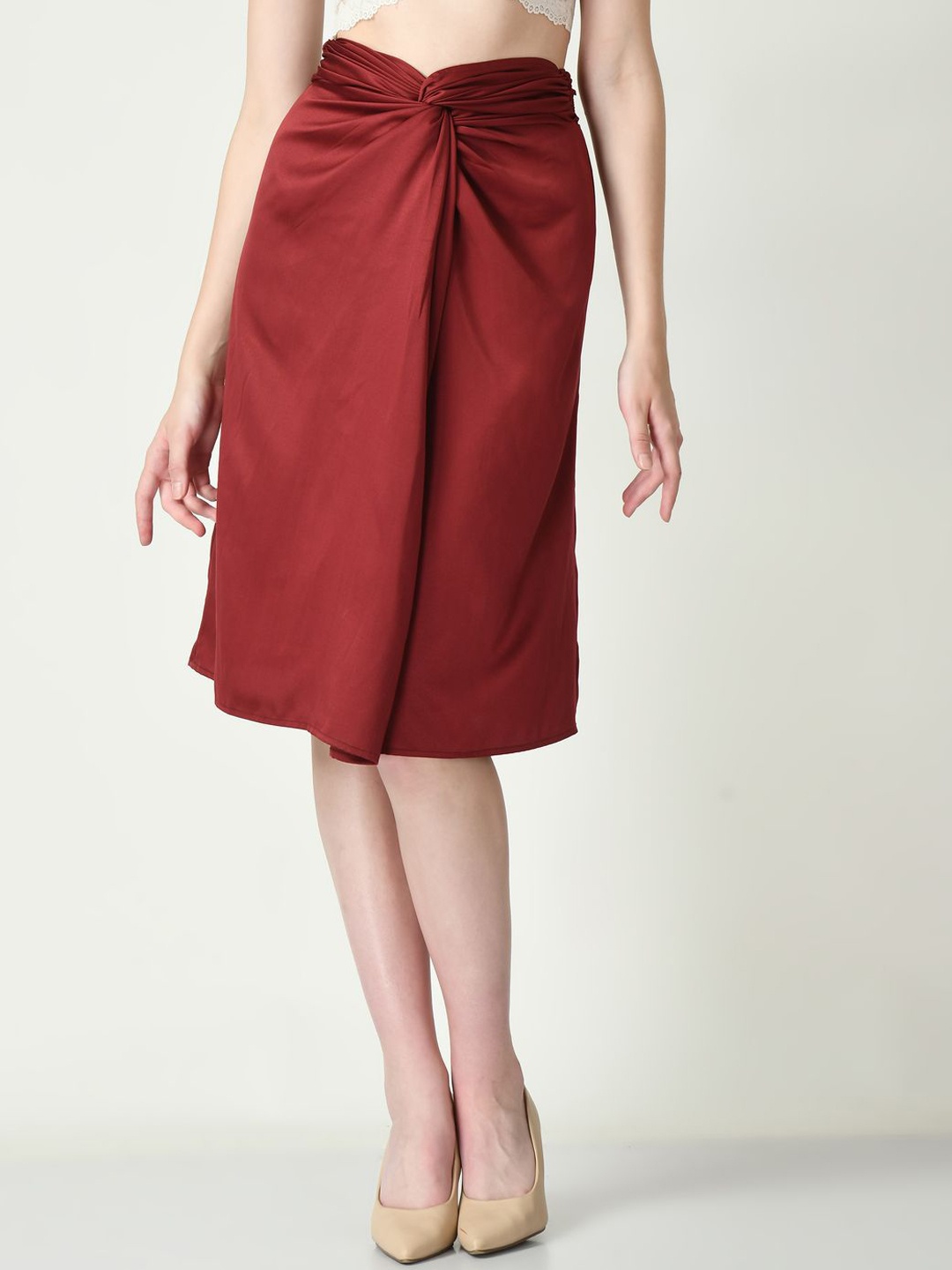 

Tushita Front Knot Straight Knee Length Skirt, Maroon