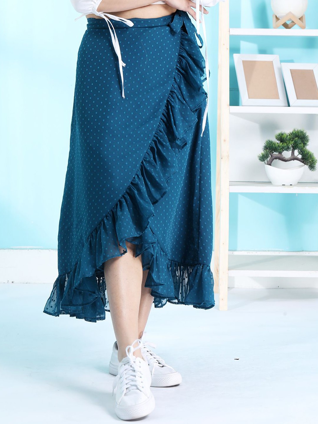 

Tushita Self-Design Smocked Midi Skirt, Teal