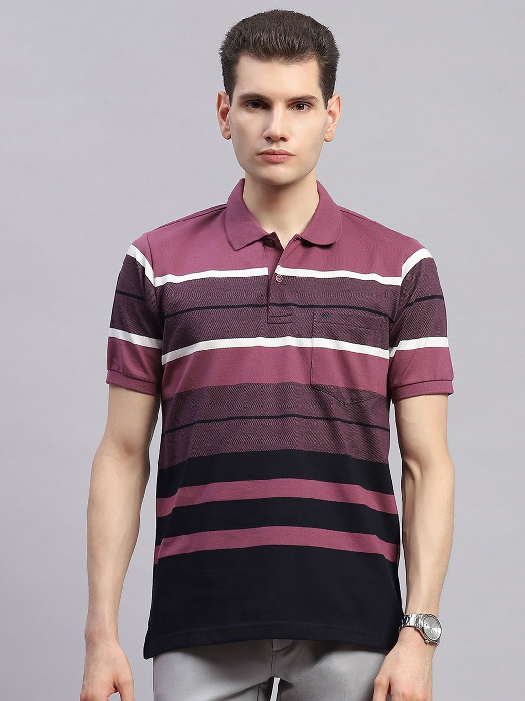 

Monte Carlo Men Striped Polo Collar T-shirt, Purple