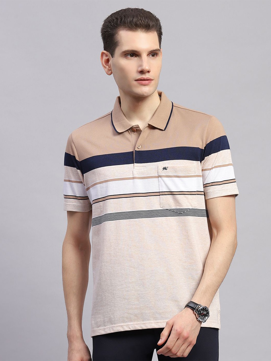 

Monte Carlo Men Striped Polo Collar Pockets T-shirt, Beige