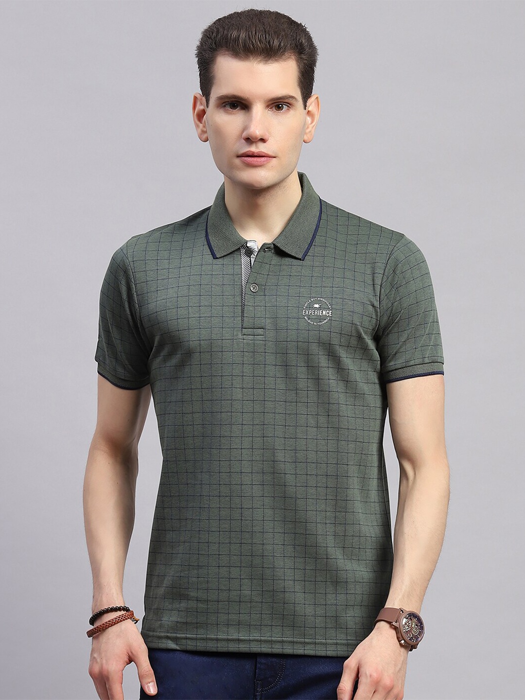 

Monte Carlo Men Checked Polo Collar T-shirt, Olive