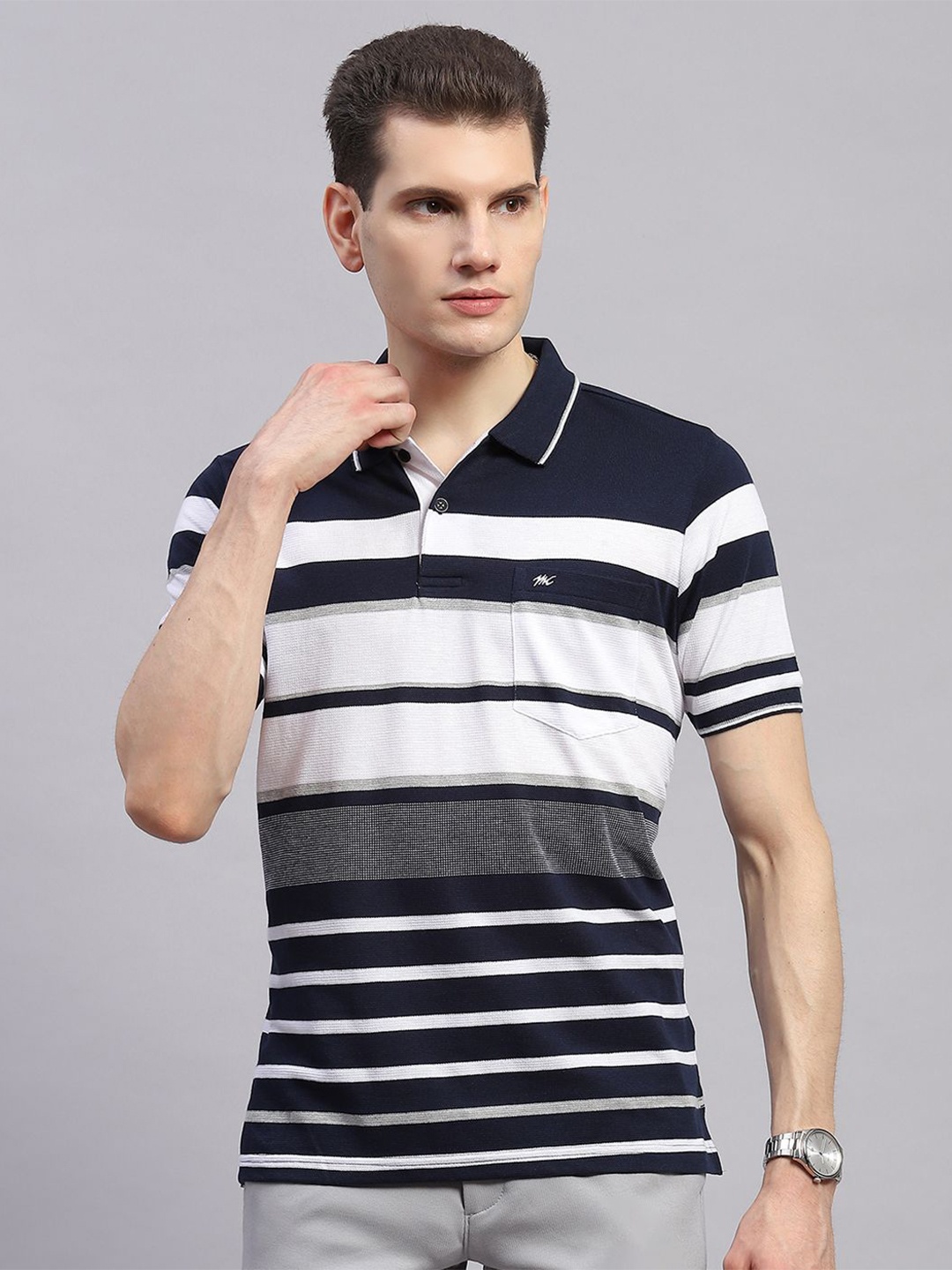 

Monte Carlo Men Striped Polo Collar Pockets T-shirt, Navy blue