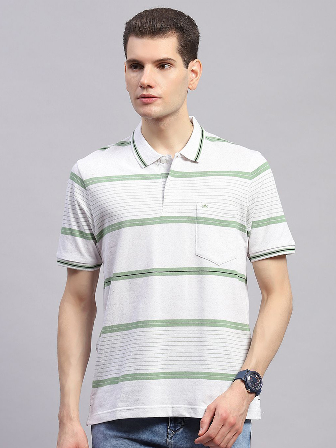 

Monte Carlo Men Striped Polo Collar T-shirt, White