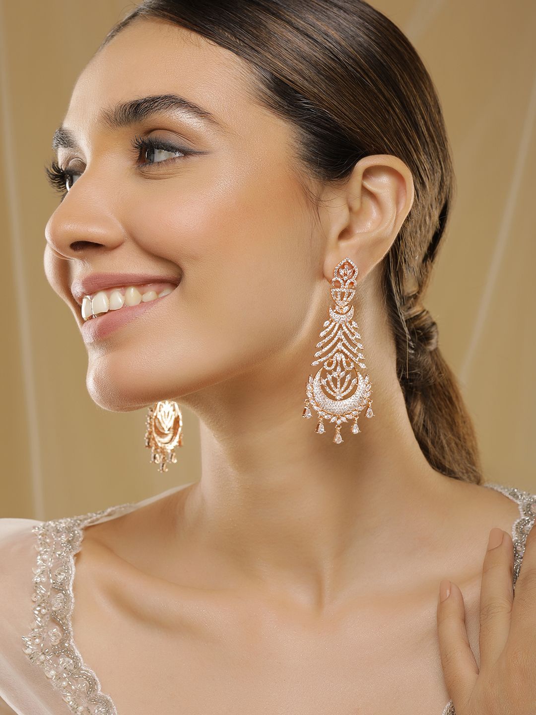 

Rubans Rose Gold-Plated Contemporary Brass Cubic Zirconia Stone Drop Earrings