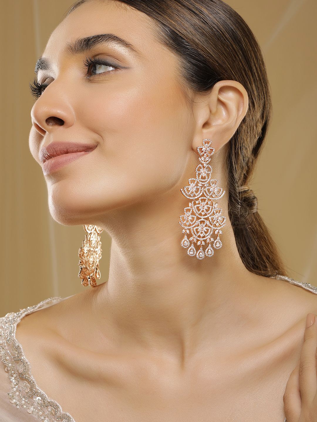 

Rubans Rose Gold-Plated Contemporary Brass Cubic Zirconia Drop Earrings