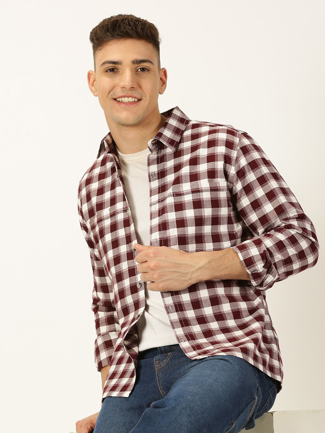 

Thomas Scott Men Standard Gingham Checked Casual Shirt, Maroon