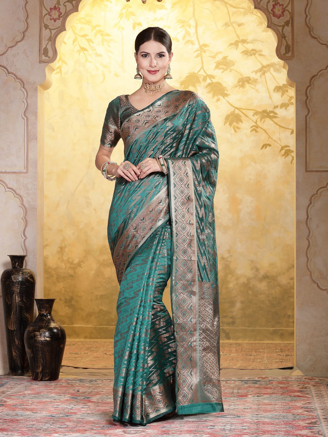 

Stylum Woven Design Zari Organza Banarasi Saree, Sea green