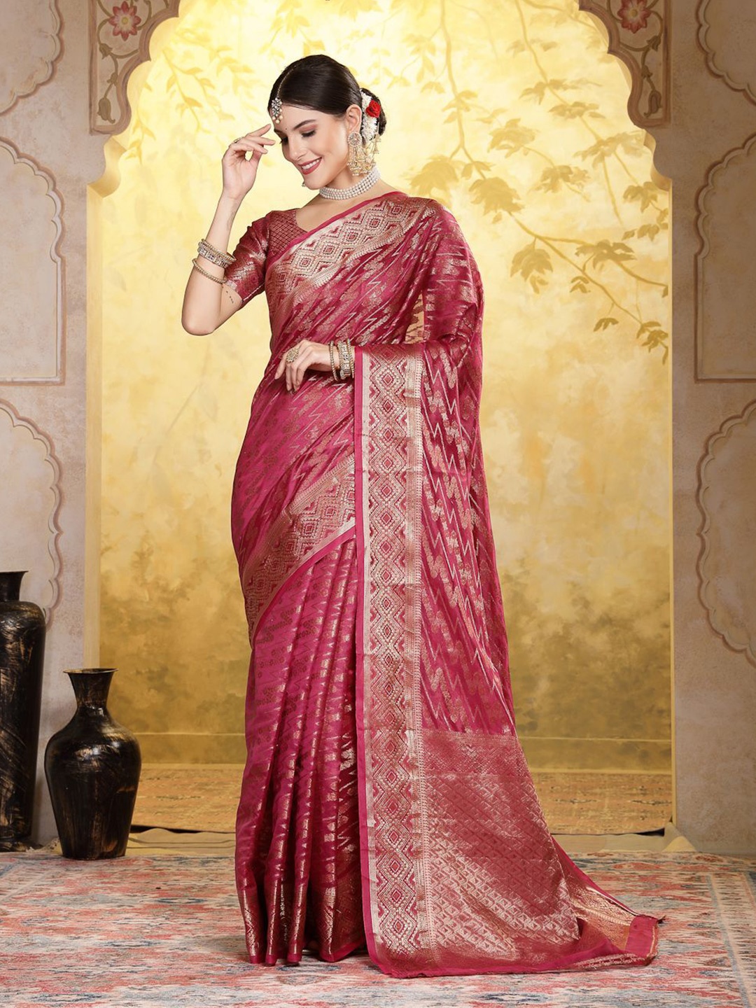 

Stylum Woven Design Zari Organza Banarasi Saree, Pink