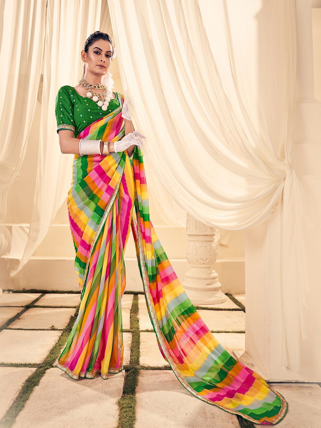 

Stylum Striped Embroidered Leheriya Saree, Green