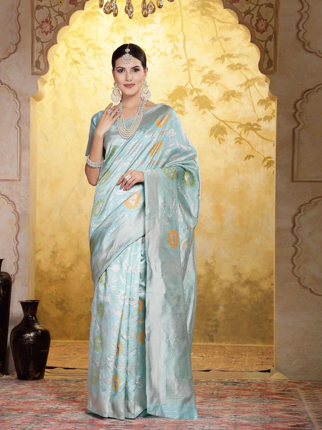 

Stylum Ethnic Motifs Woven Design Zari Banarasi Saree, Turquoise blue
