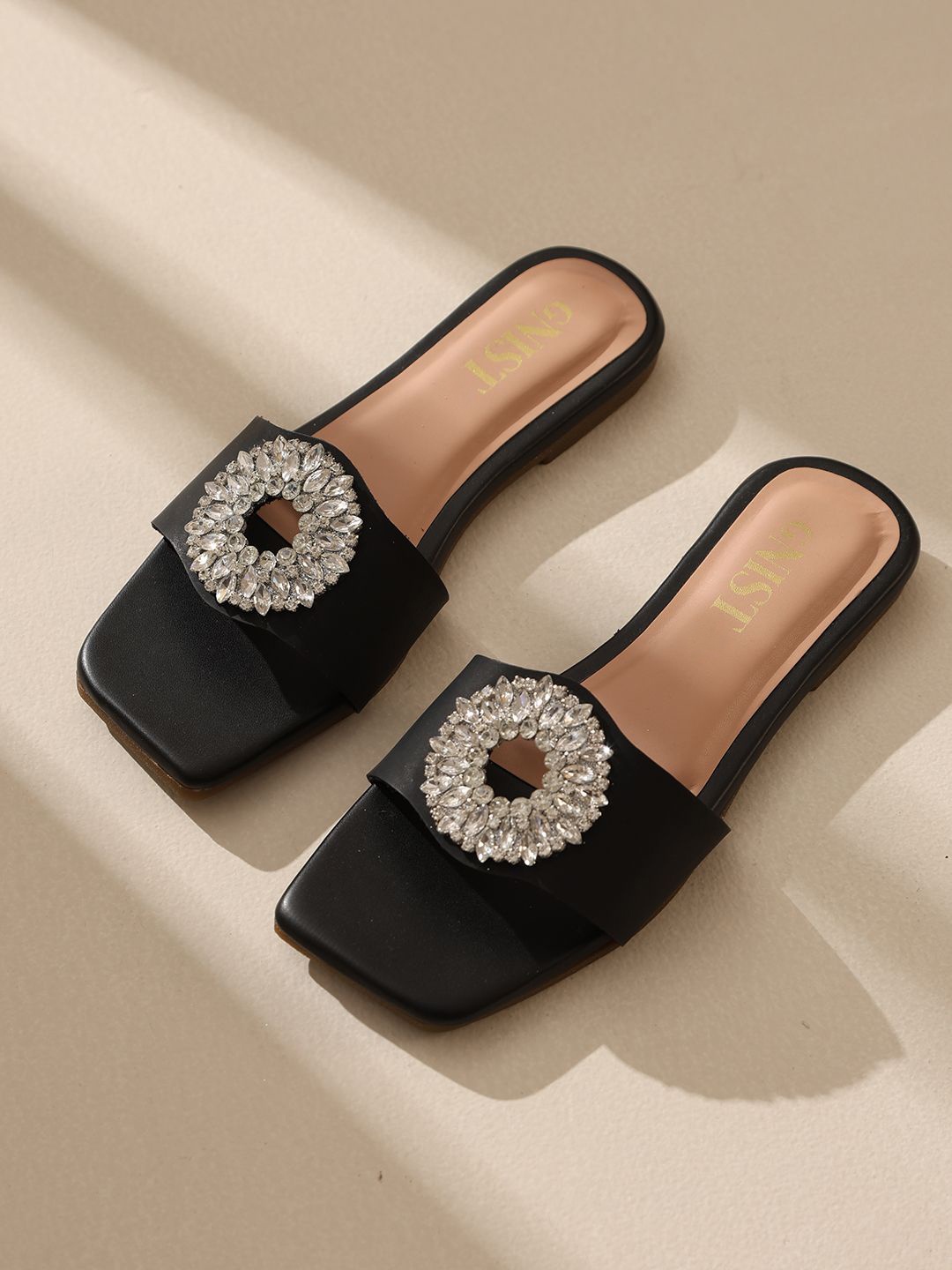 

GNIST Women Embellished Open Toe Flats, Black