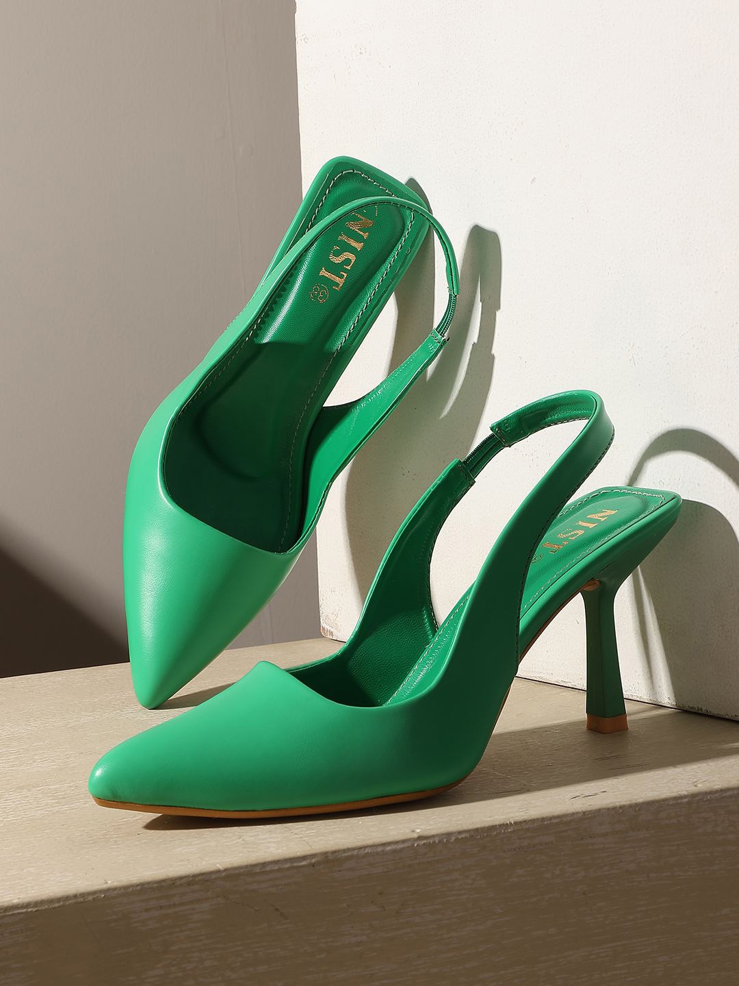 

GNIST Pointed Toe Slim Heeled Pumps With Buckles, Green