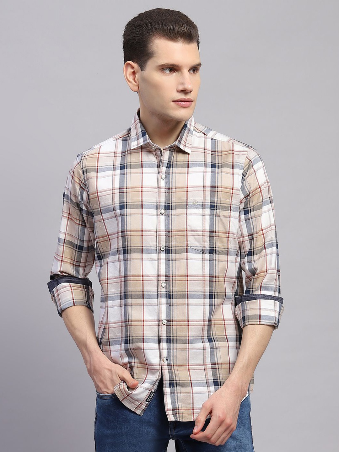 

Monte Carlo Men Tartan Checks Spread Collar Casual Shirt, Brown