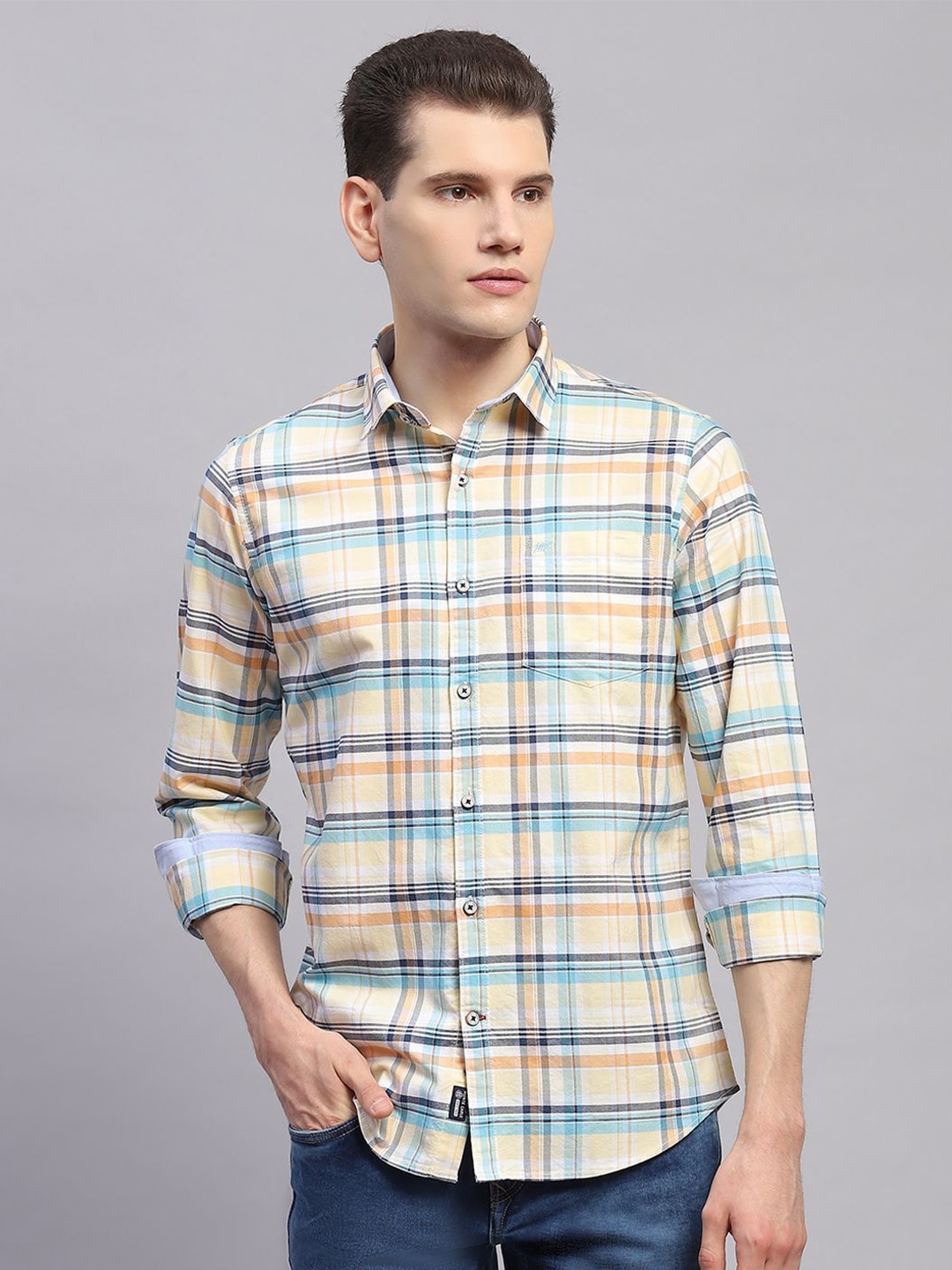 

Monte Carlo Men Tartan Checks Spread Collar Casual Shirt, Orange