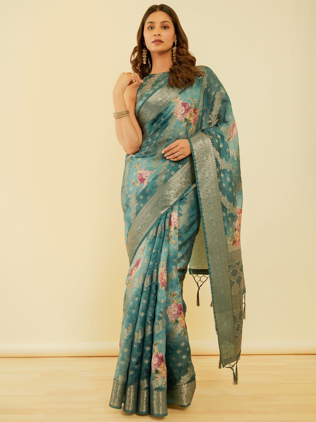 

Soch Woven Design Zari Chanderi Saree, Teal