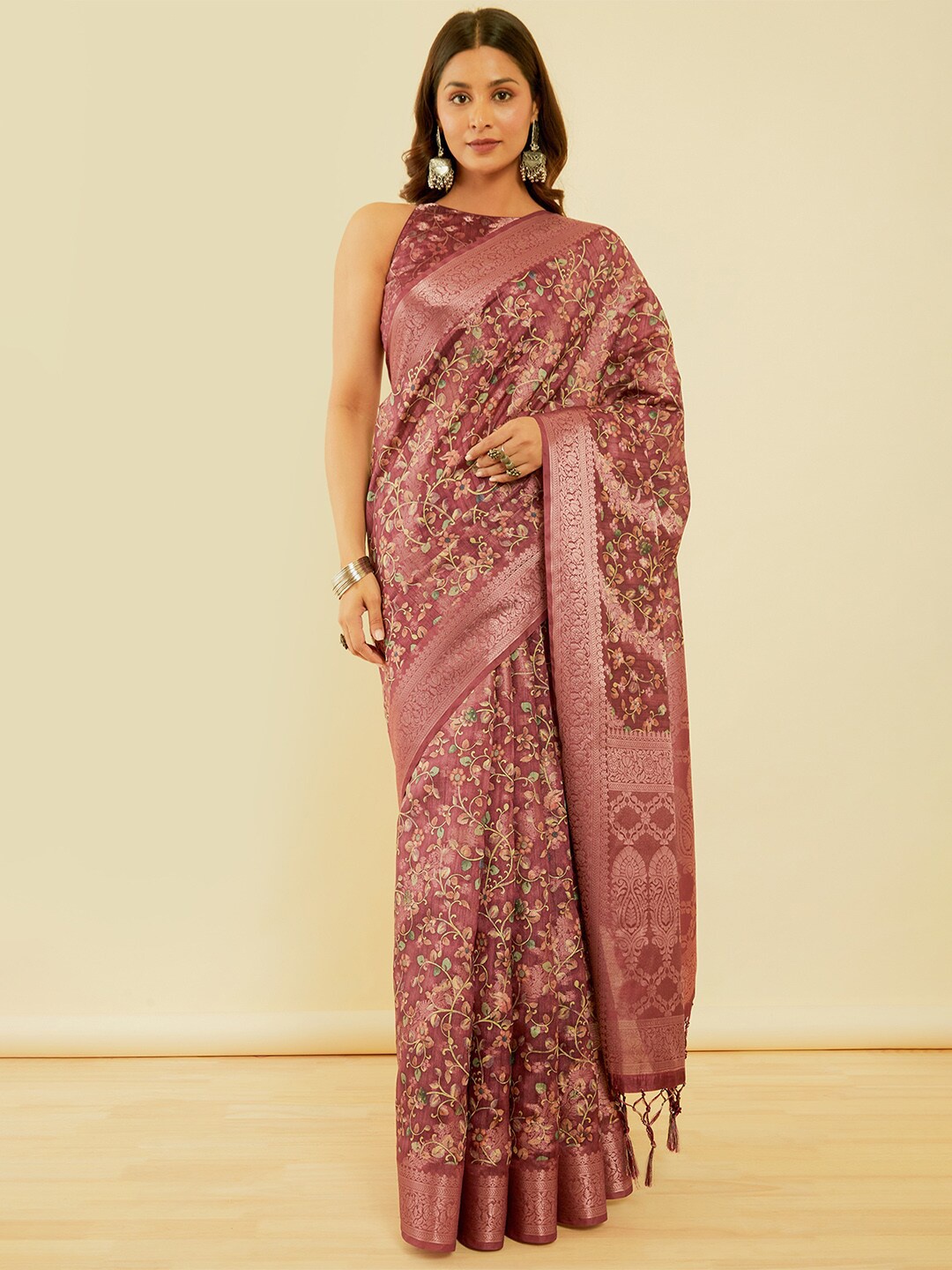 

Soch Ethnic Motifs Printed Zari Chanderi Saree, Maroon