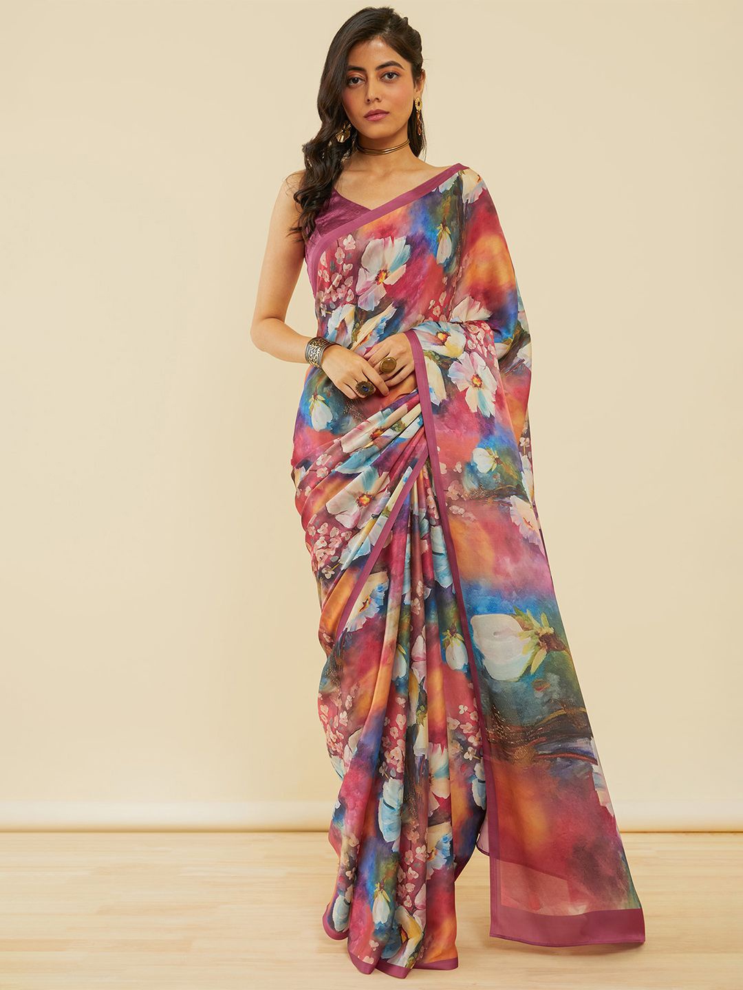 

Soch Floral Print Pure Crepe Saree, Pink