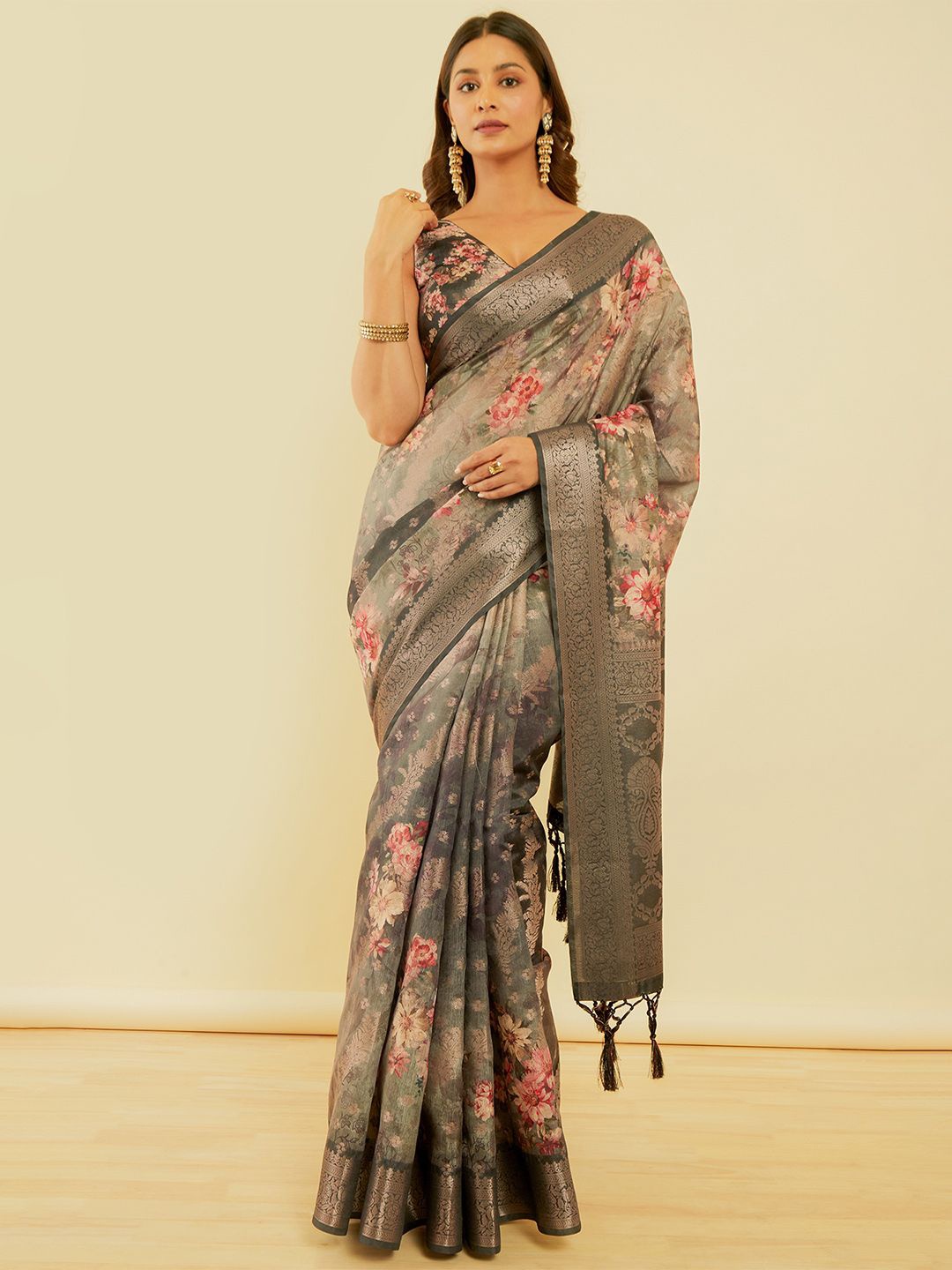 

Soch Ethnic Motifs Printed Zari Saree, Black