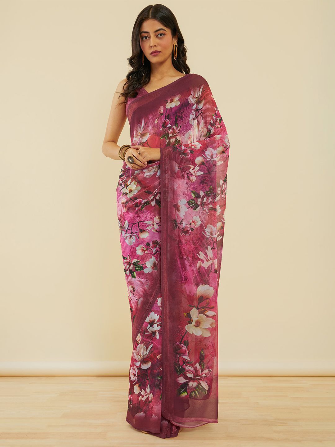 

Soch Floral Pure Georgette Saree, Pink