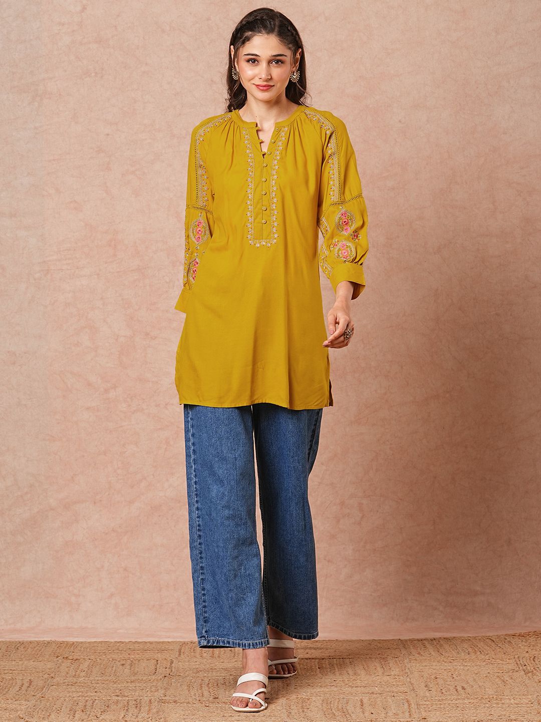 

FASHOR Floral Embroidered Kurti, Mustard