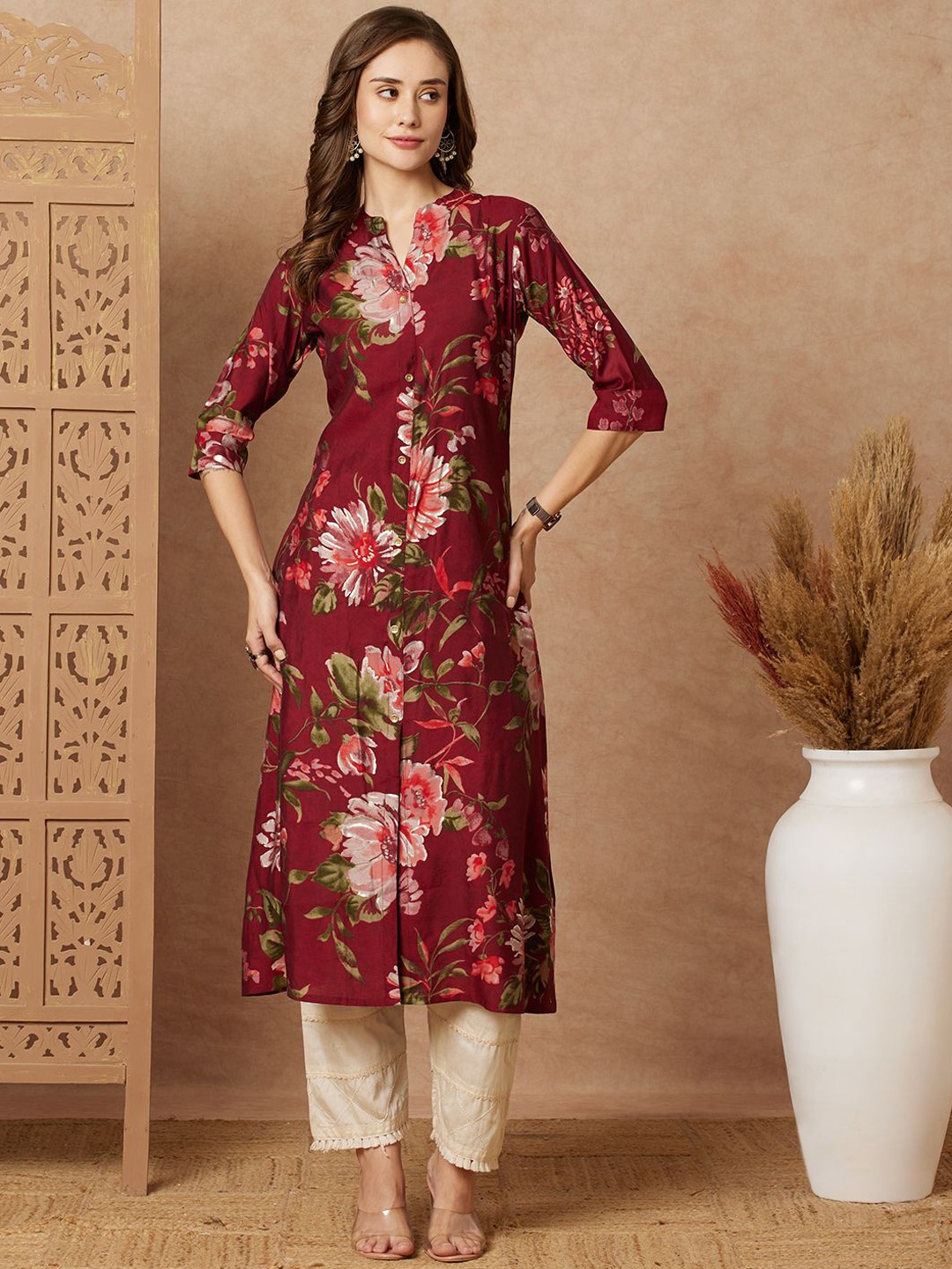 

FASHOR Floral Printed Mandarin Collar A-Line Kurta, Maroon