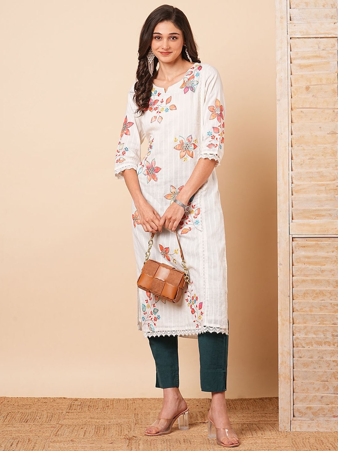 FASHOR Floral Printed Round Neck Pure Cotton Straight Kurta, White