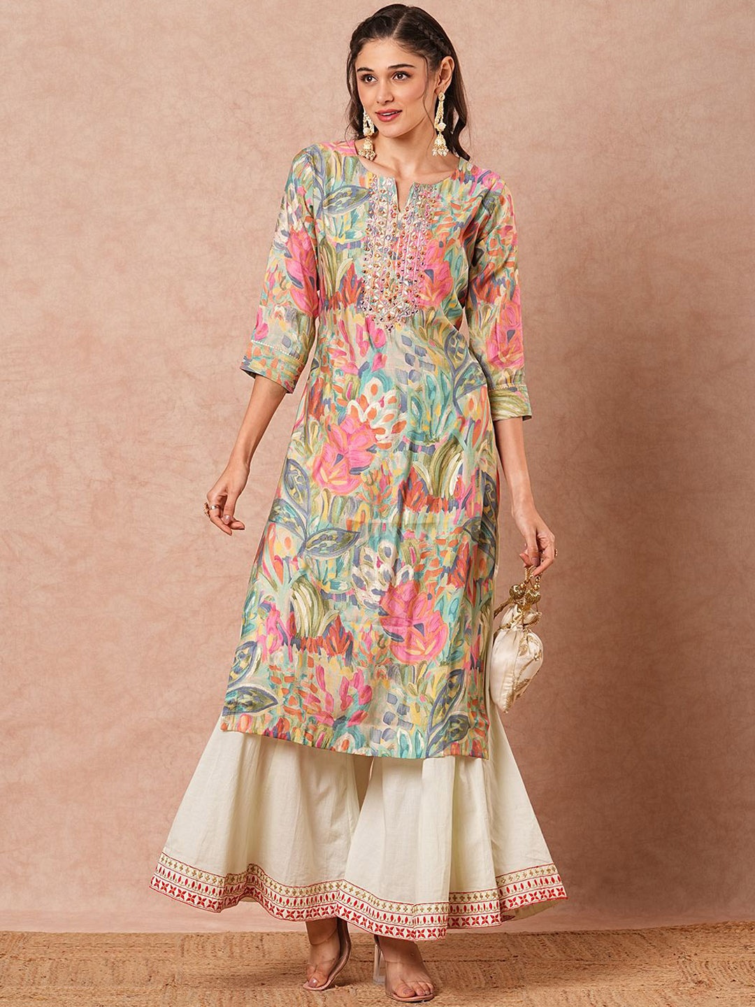 

FASHOR Abstract Printed Mirror Work Straight Kurta, Pink