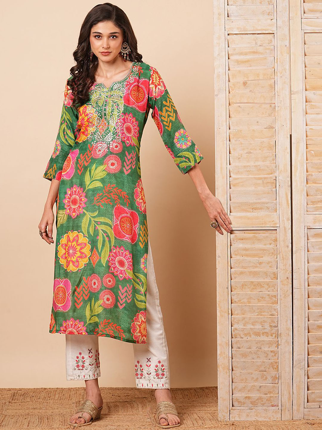 

FASHOR Floral Printed Straight Kurta, Green