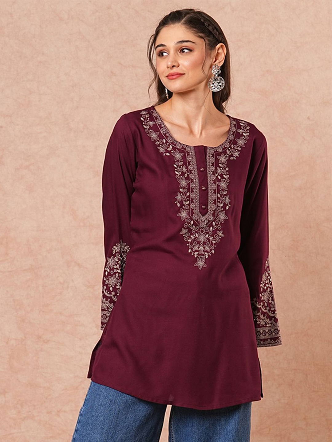 

FASHOR Floral Embroidered Sequinned Sequinned Kurti, Maroon