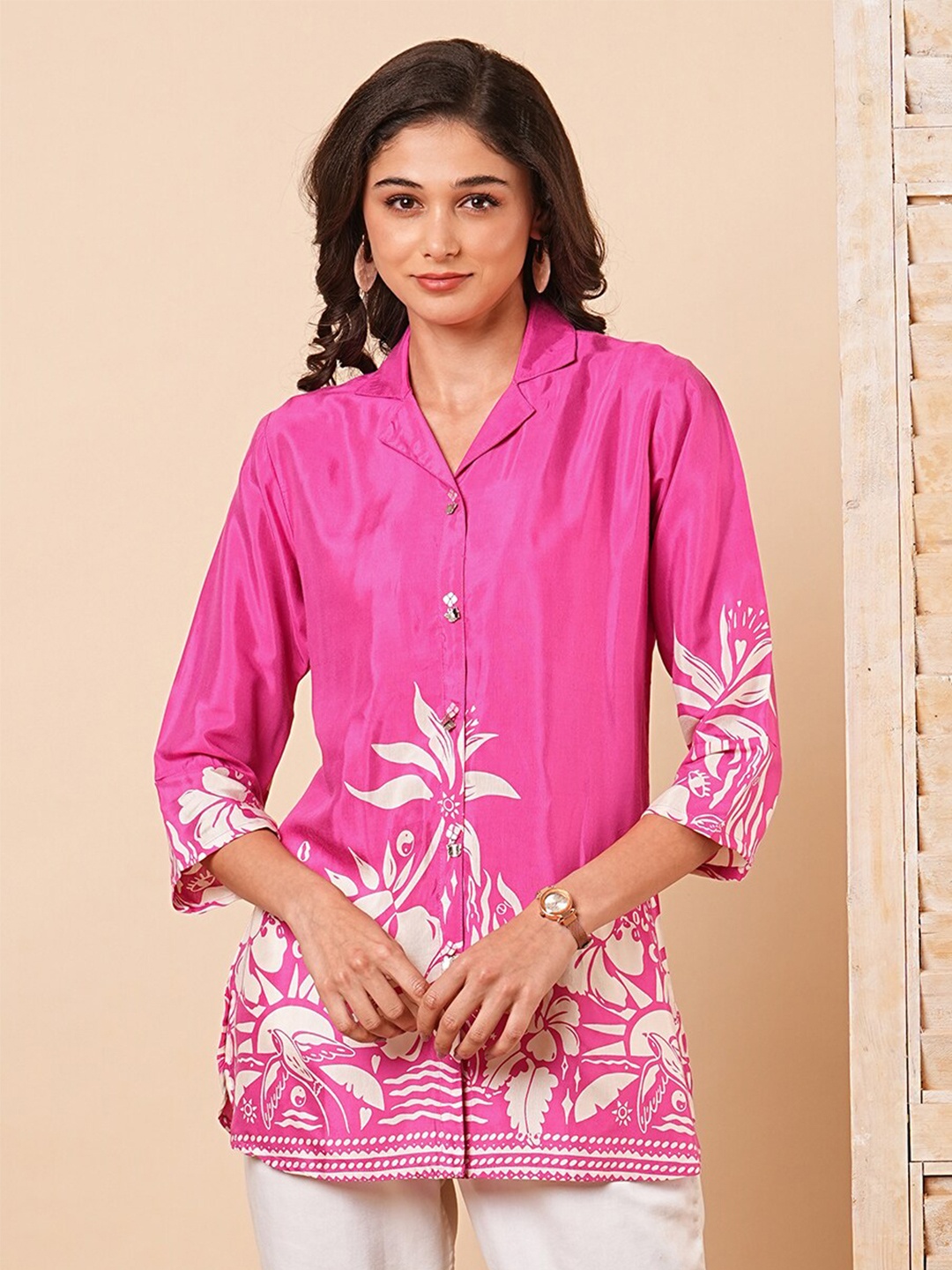 

FASHOR Floral Printed Shirt Collar Kurti, Pink