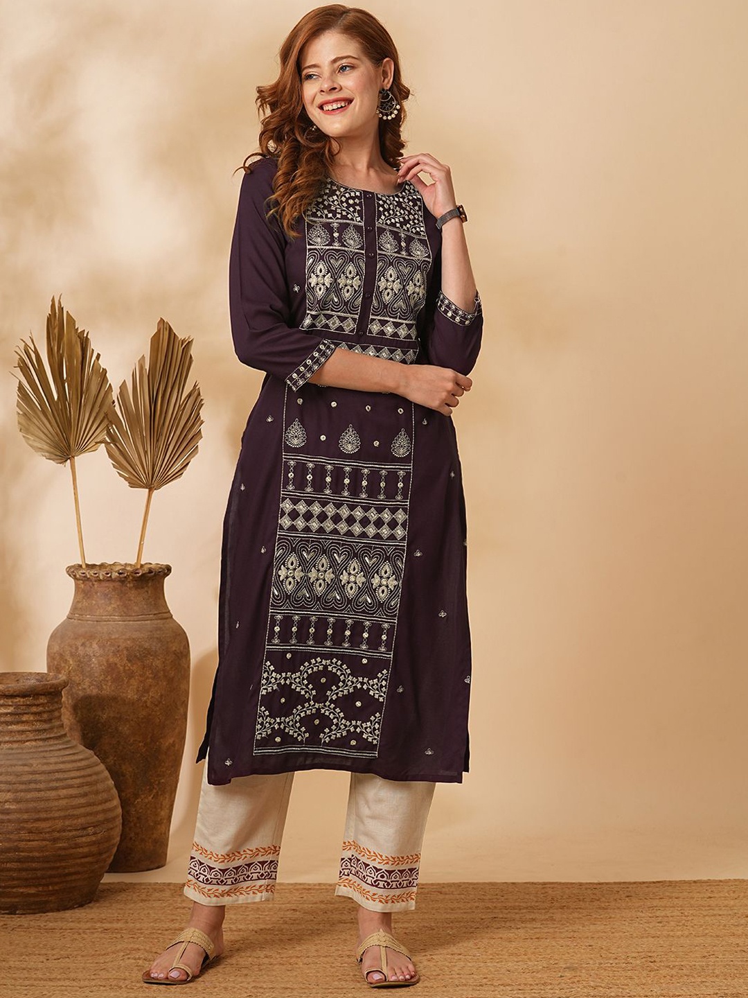 

FASHOR Ethnic Motifs Printed Thread Work Straight Kurta, Brown