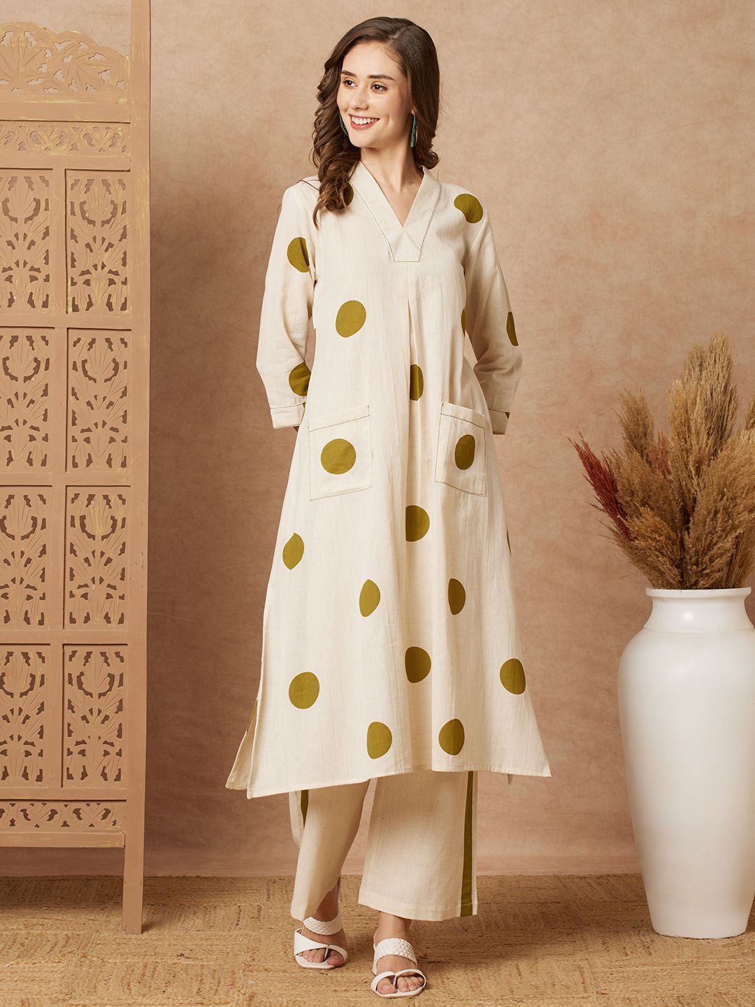 

FASHOR Polka Dot Printed V-Neck A-Line Tunic & Palazzos, Off white