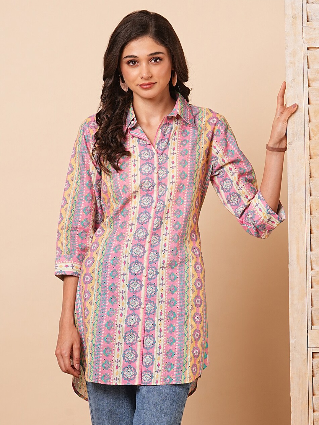 

FASHOR Printed Shirt Collar Pure Cotton Kurti, Blue