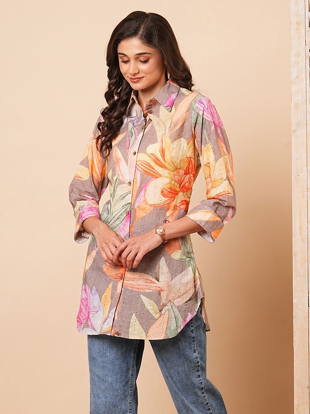 

FASHOR Floral Printed Shirt Collar Pure Cotton Kurti, Green