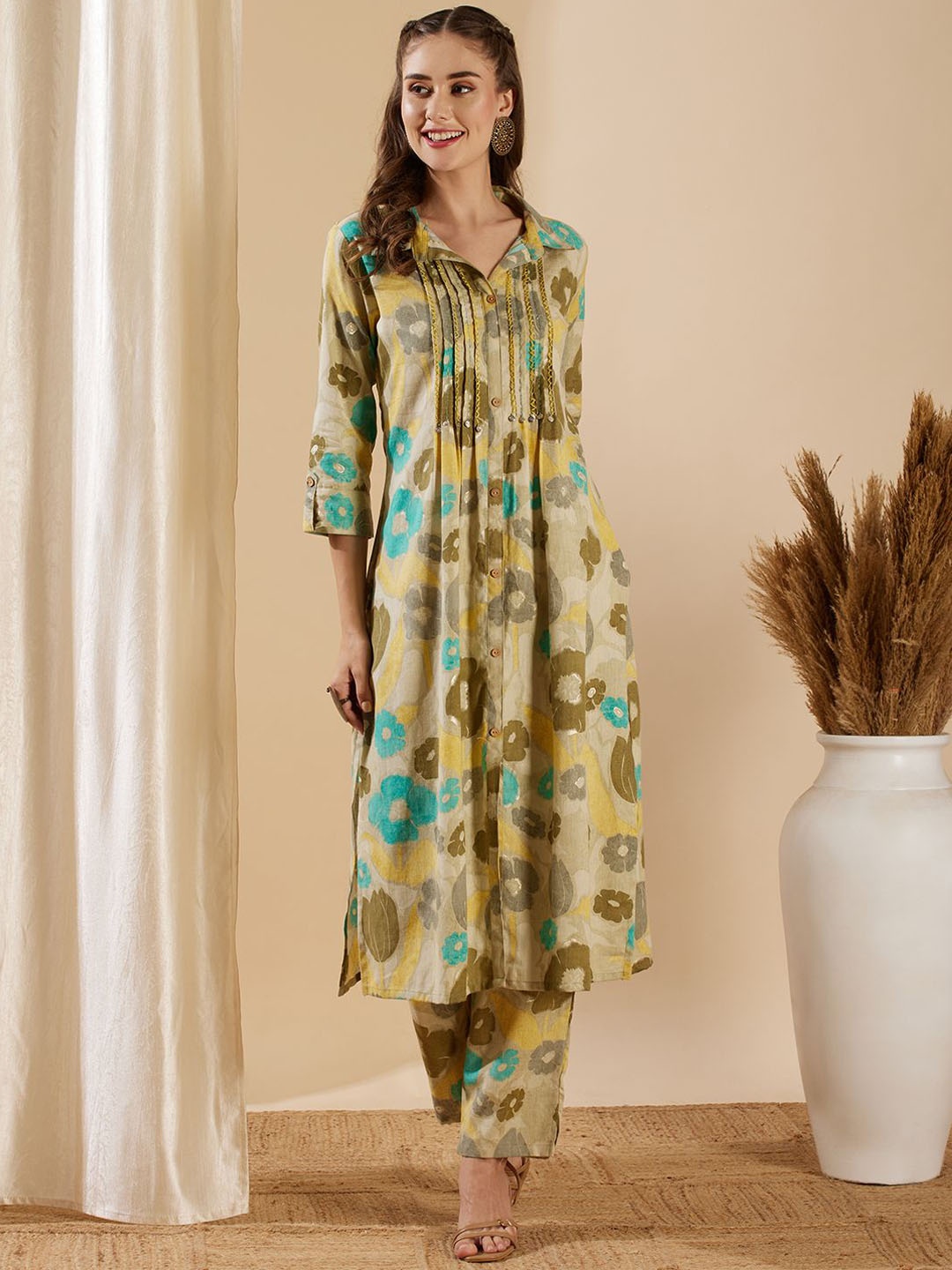 

FASHOR Dull Green Floral Printed Pure Cotton Tunic & Trouser