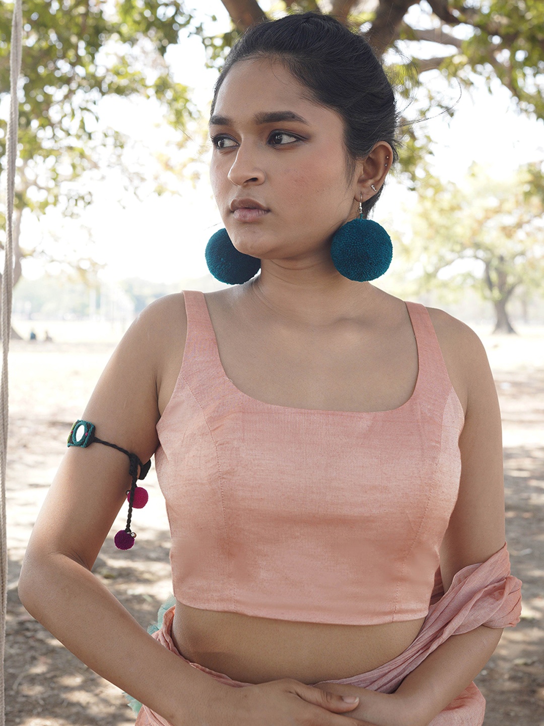 

HUTS AND LOOMS Square Neck Saree Blouse, Peach