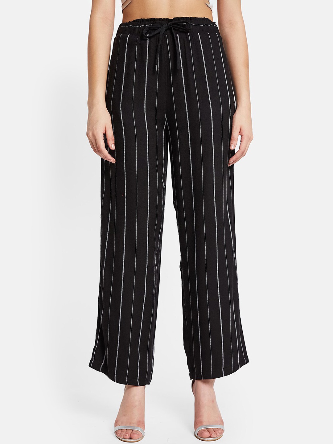 

METTLE Women Striped Mid-Rise Cotton Trouser, Black