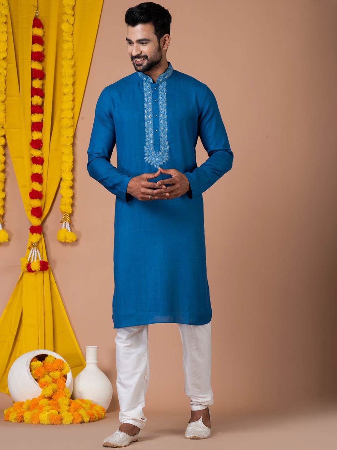 

HU - Handcrafted Uniquely Floral Mandarin Collar Pure Cotton Straight Kurta With Churidar, Blue