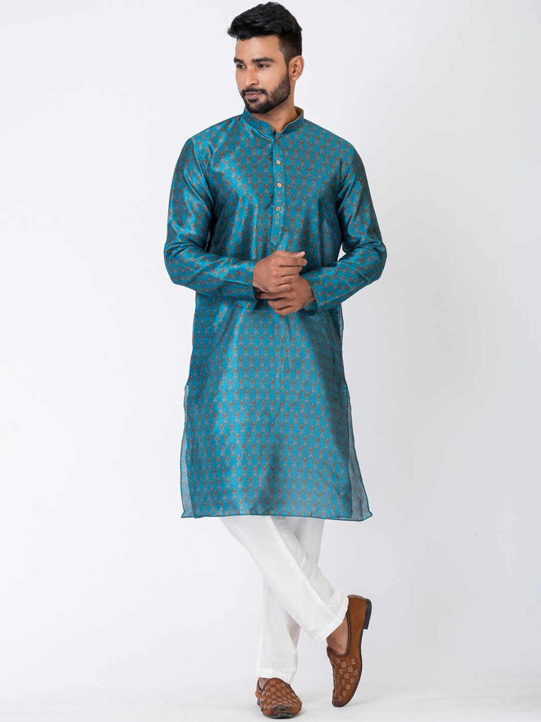 

HU - Handcrafted Uniquely Floral Printed Mandarin Collar Straight Kurta with Pyjamas, Turquoise blue