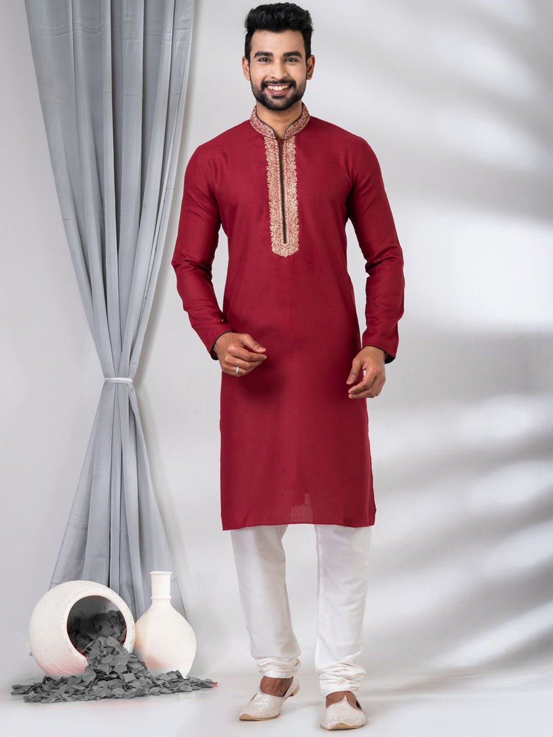 

HU - Handcrafted Uniquely Floral Yoke Design Mandarin Collar Straight Kurta With Pyjamas, Maroon