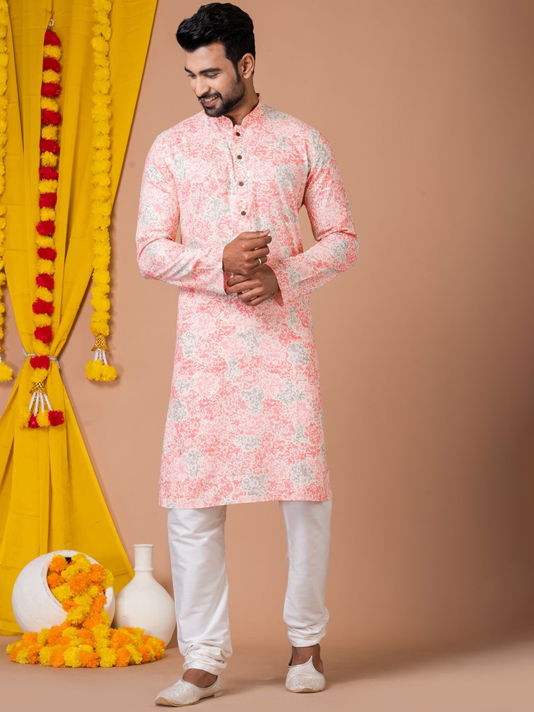 

HU - Handcrafted Uniquely Floral Printed Mandarin Collar Straight Kurta With Churidar, Pink