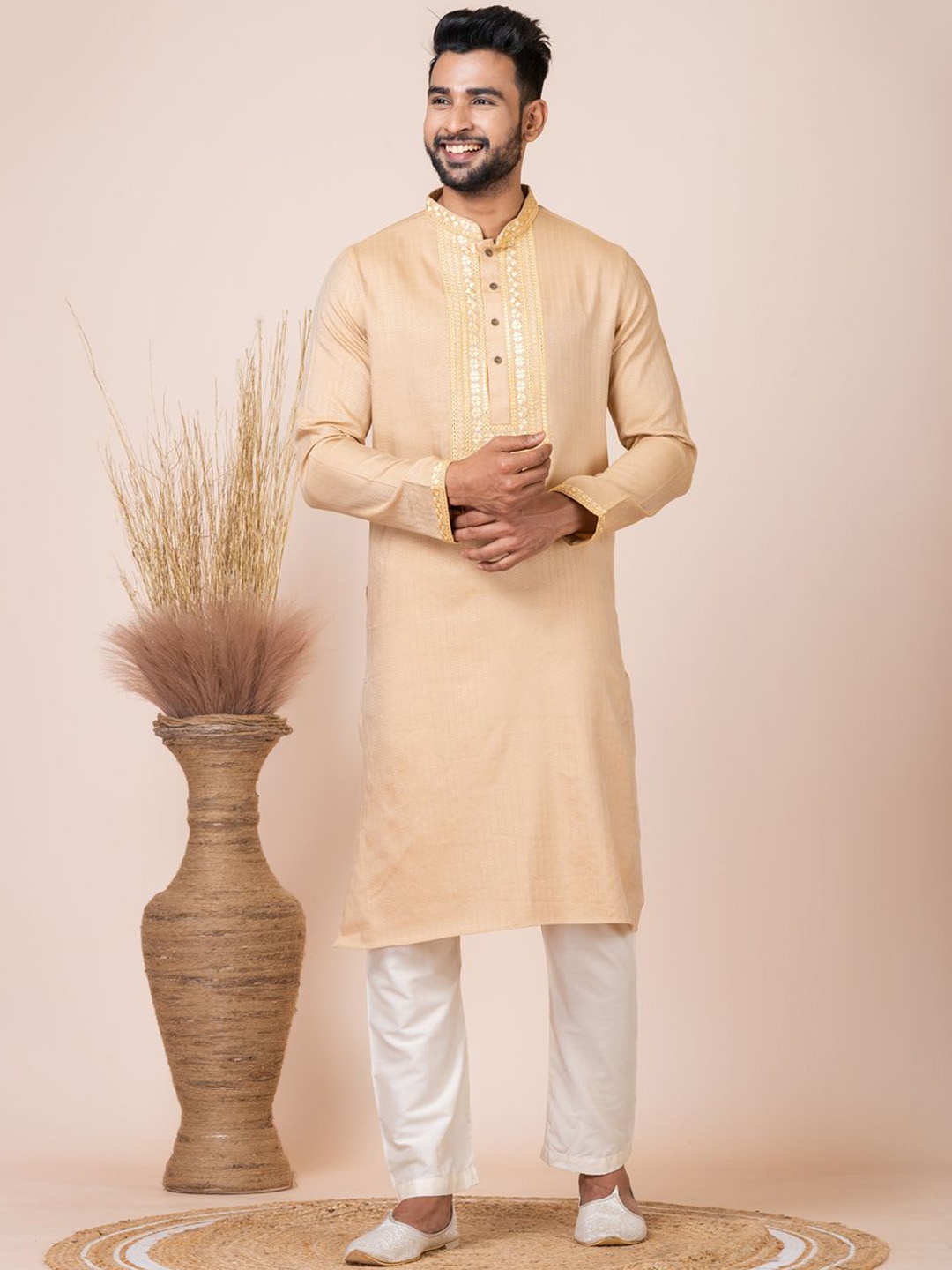 

HU - Handcrafted Uniquely Mirror Work Jacquard Cotton Silk Straight Kurta & Pyjama, Beige