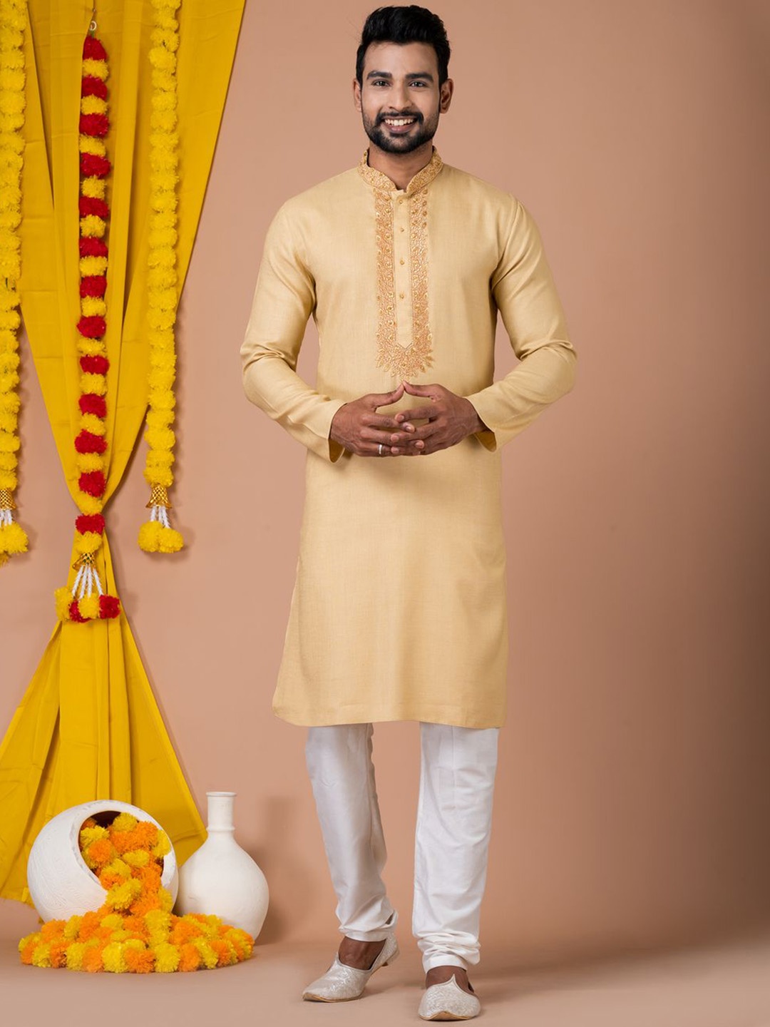 

HU - Handcrafted Uniquely Mandarin Collar Thread Work Straight Kurta With Pyjamas, Beige