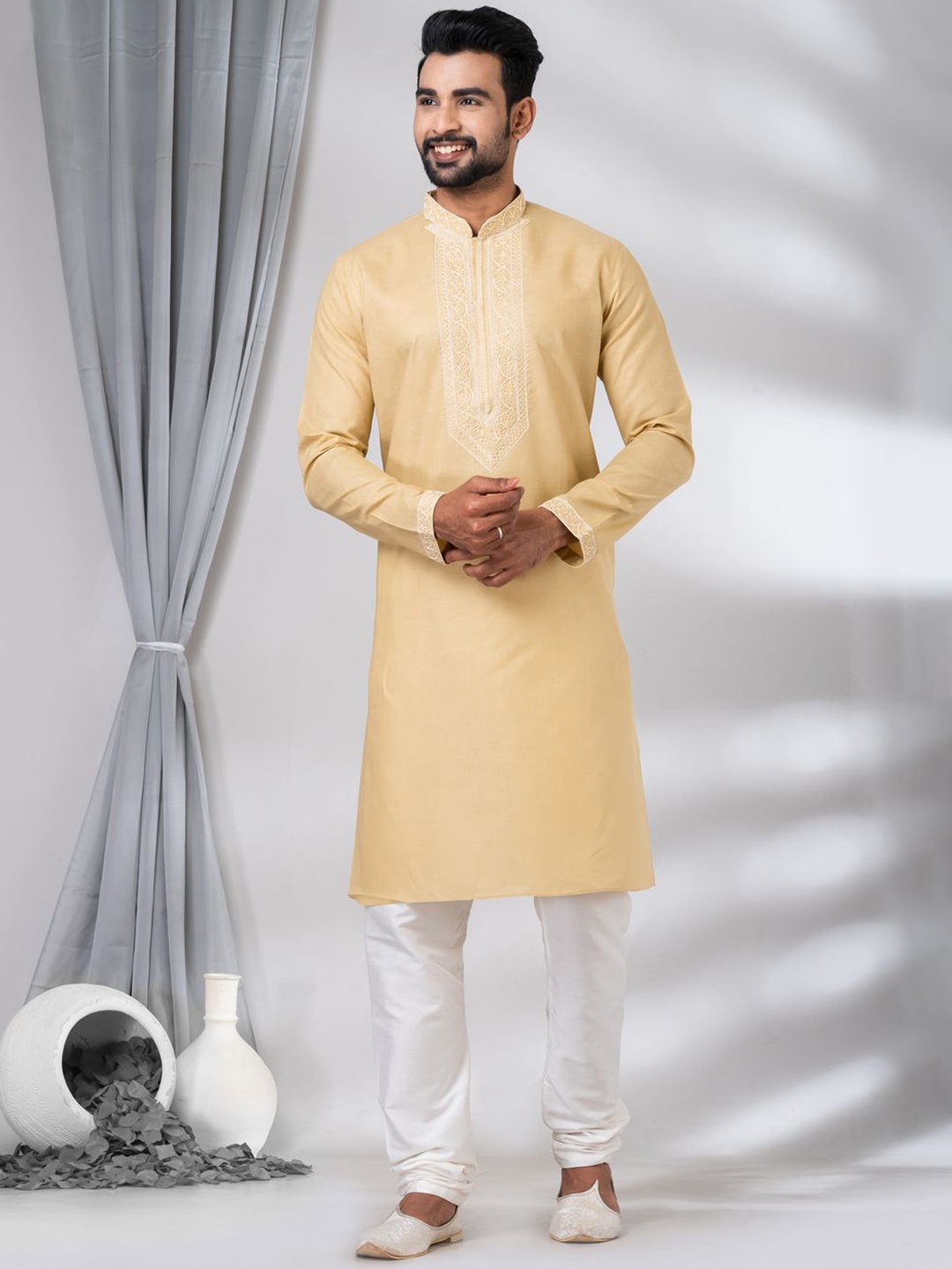 

HU - Handcrafted Uniquely Embroidered Thread Work Yoke Design Cotton Kurta With Pyjamas, Beige