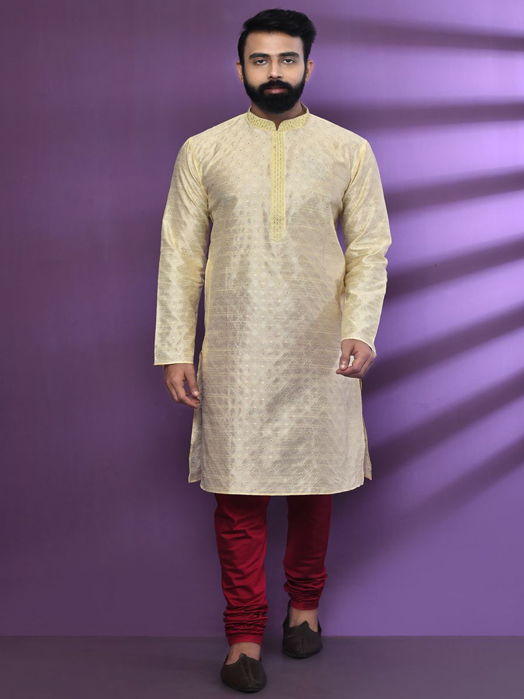 

HU - Handcrafted Uniquely Ethnic Motifs Embroidered Regular Kurta & Pyjamas, Beige