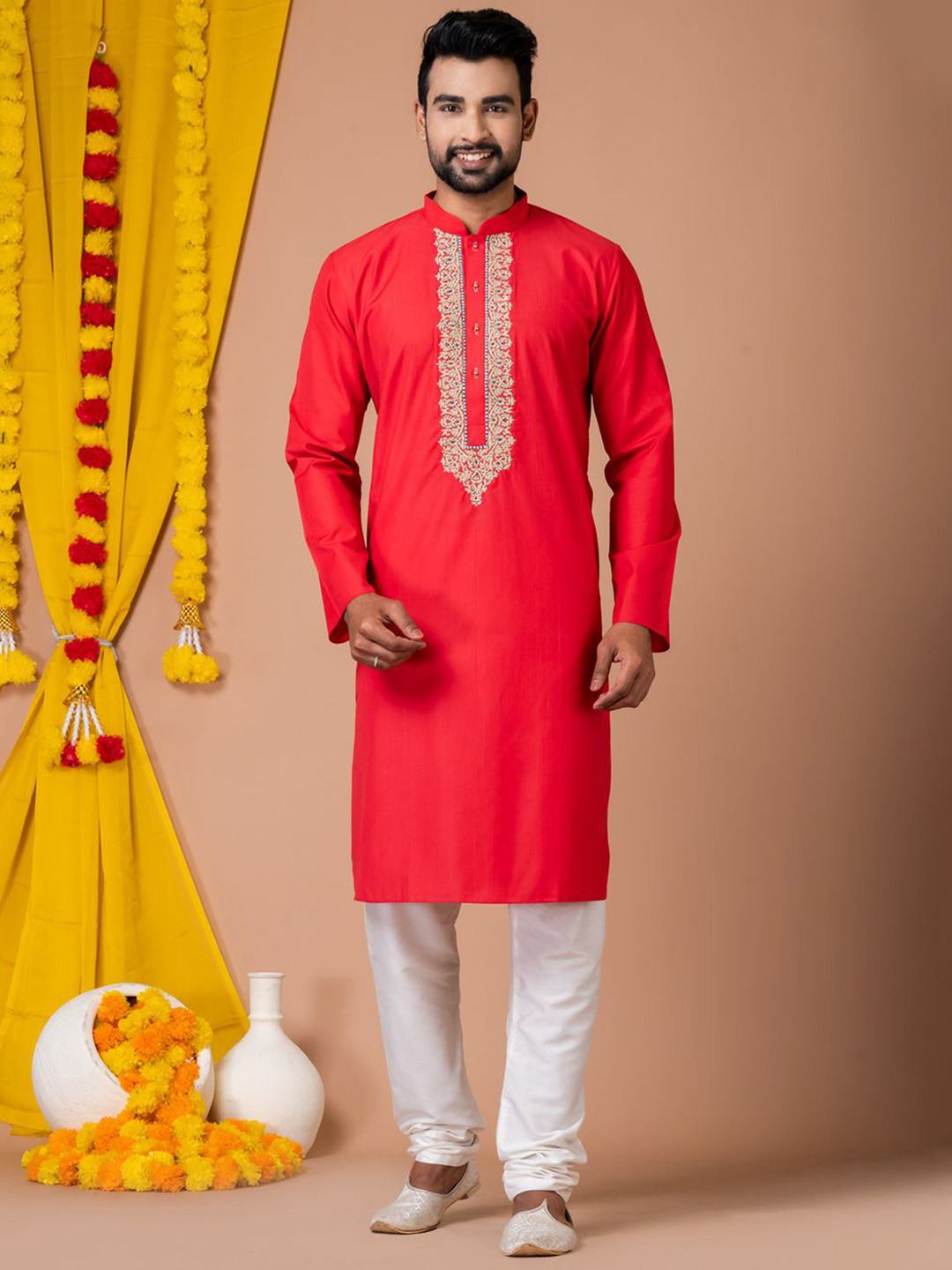 

HU - Handcrafted Uniquely Ethnic Motifs Yoke Design Mandarin Collar Kurta & Pyjamas, Red