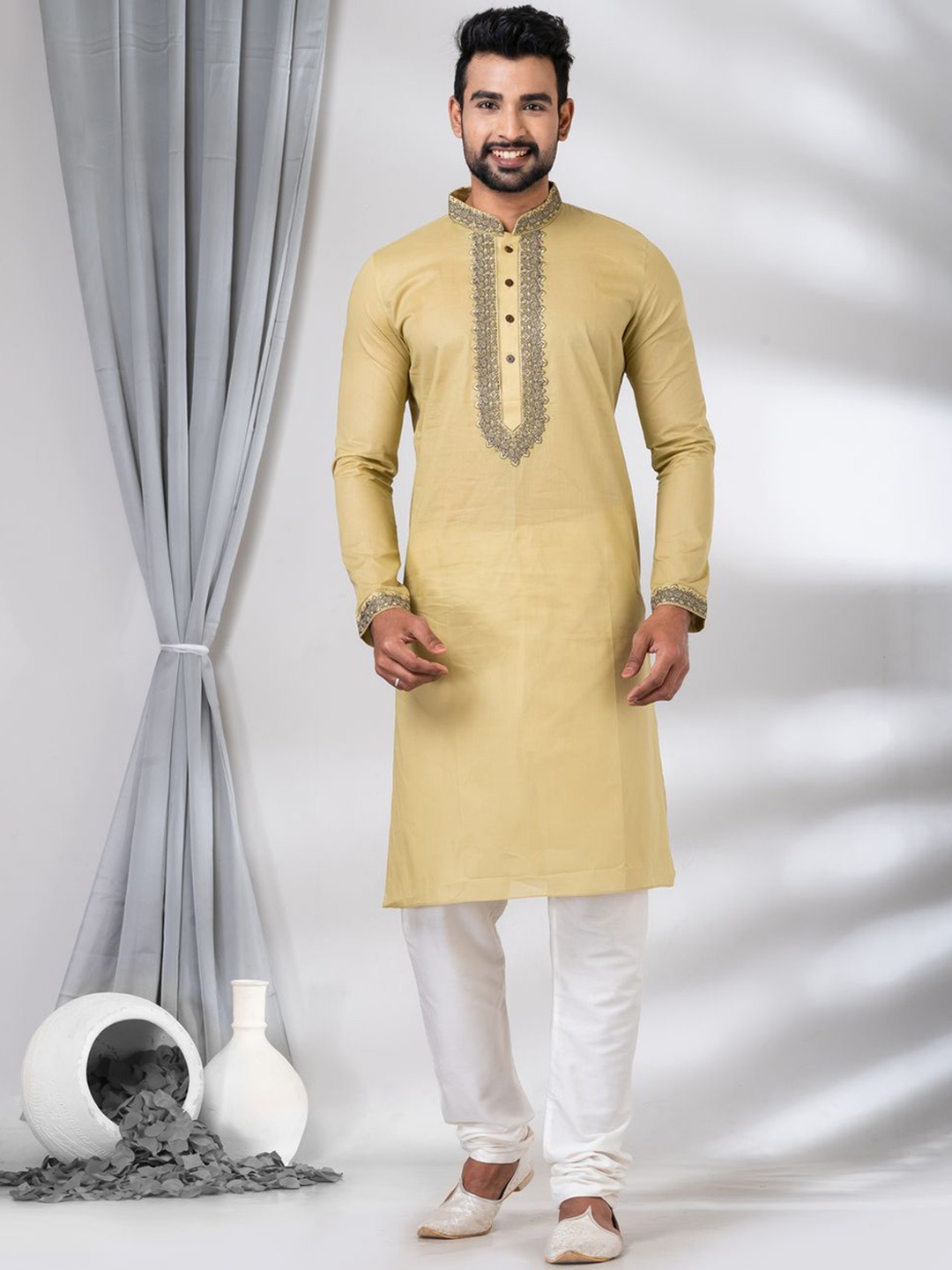 

HU - Handcrafted Uniquely Embroidered Thread Work Yoke Design Cotton Kurta With Pyjamas, Lime green