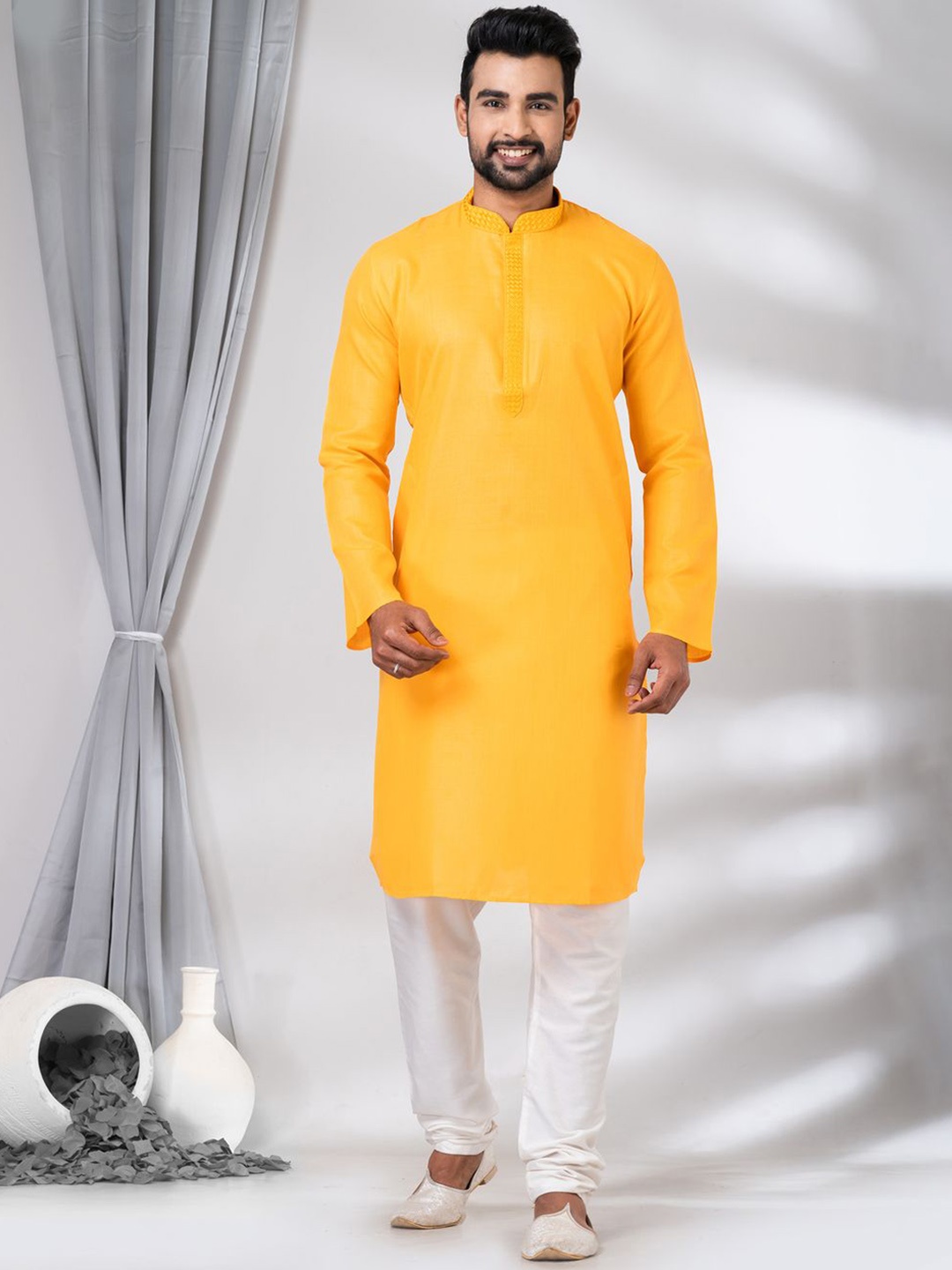 

HU - Handcrafted Uniquely Ethnic Yoke Design Mandarin Collar Straight Kurta with Pyjamas, Yellow