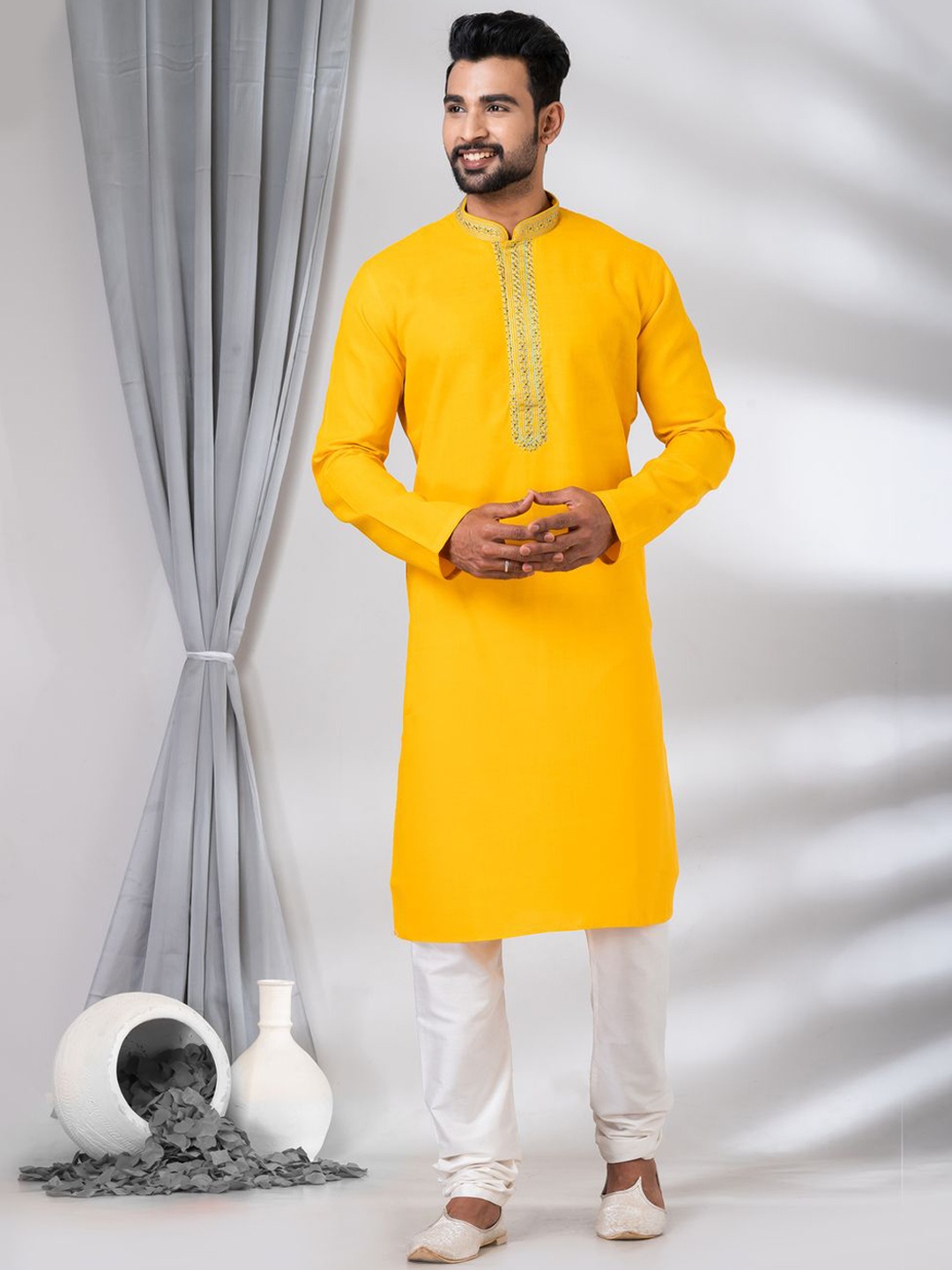 

HU - Handcrafted Uniquely Floral Yoke Design Thread Work Pure Cotton Kurta & Pyjamas, Yellow