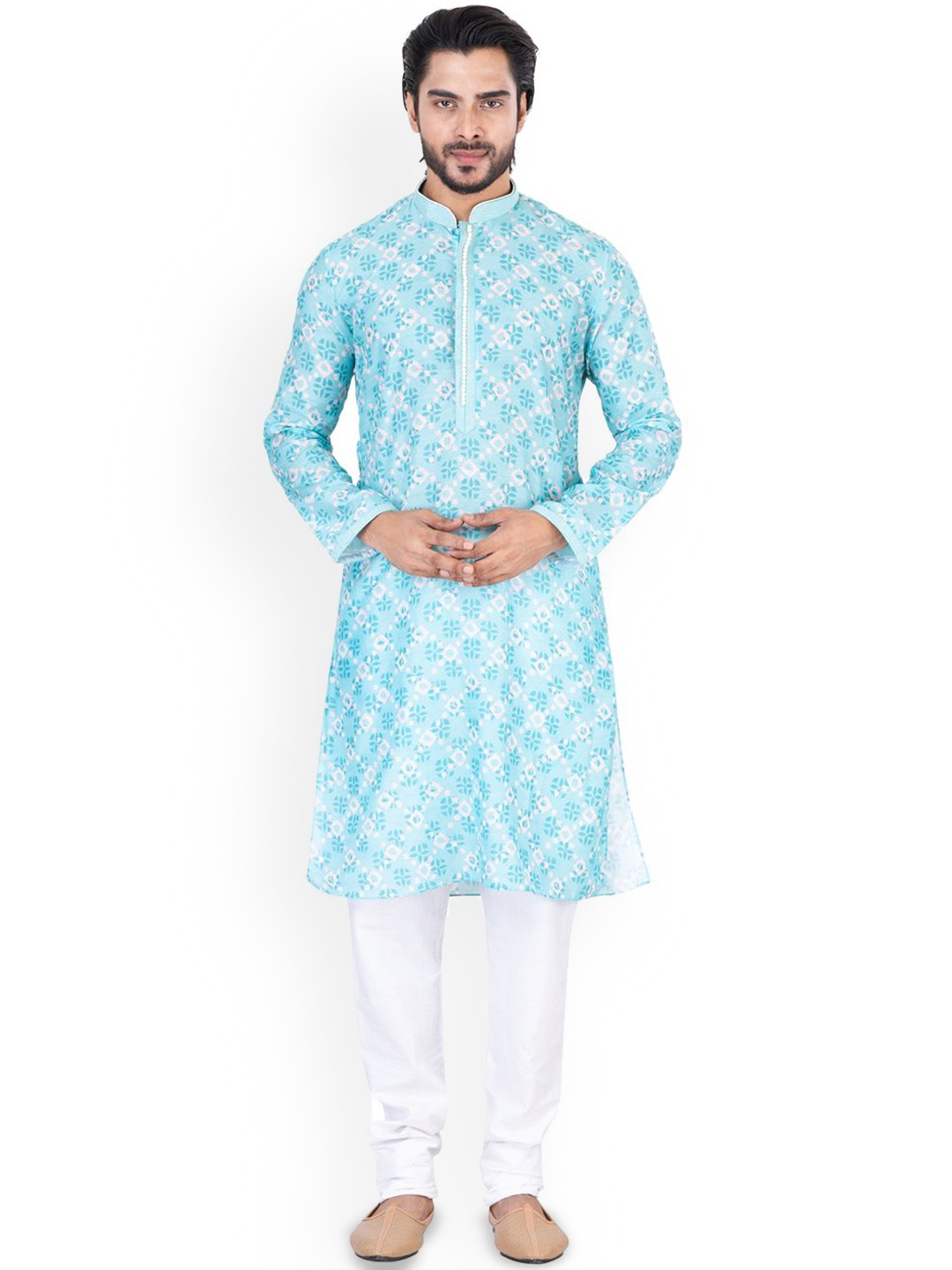 

HU - Handcrafted Uniquely Ethnic Motifs Printed Regular Mandarin Collar Kurta & Pyjamas, Blue